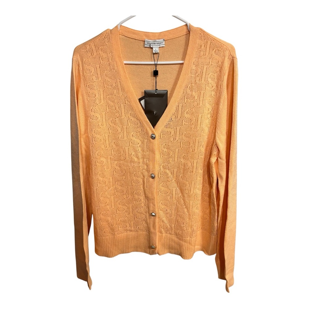 NWT St. John Sport Orange Pointelle Knit SJ Logo Cardigan Sz L